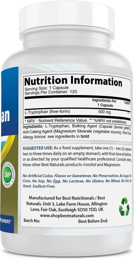 BEST NATURALS - Best Naturals L-Tryptophan 500Mg. 120 Capsulas - The Red Vitamin MX - Suplementos Alimenticios - {{ shop.shopifyCountryName }}