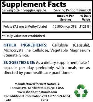 BEST NATURALS - Best Naturals Methyl Folate 7500mcg 60 Capsulas - The Red Vitamin MX - Suplementos Alimenticios - {{ shop.shopifyCountryName }}