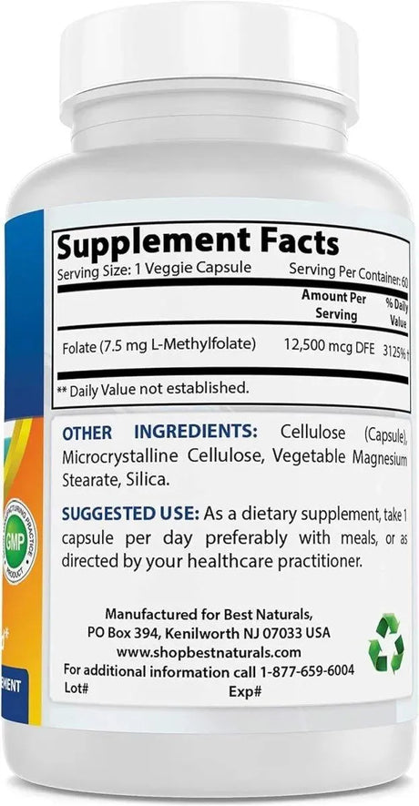 BEST NATURALS - Best Naturals Methyl Folate 7500mcg 60 Capsulas - The Red Vitamin MX - Suplementos Alimenticios - {{ shop.shopifyCountryName }}