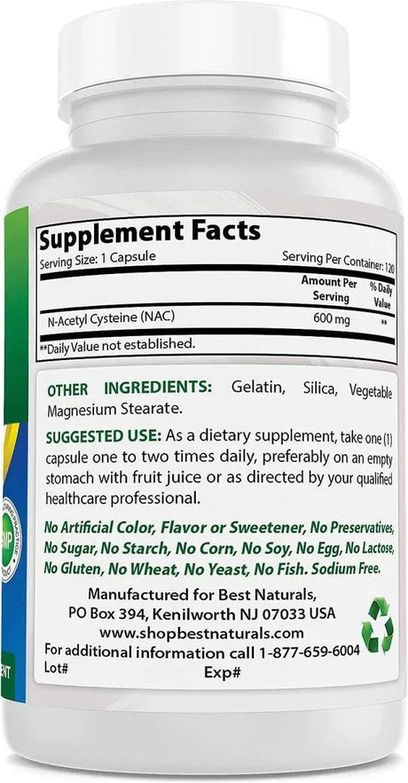 BEST NATURALS - Best Naturals NAC N Acetyl Cysteine 600Mg. 120 Capsulas - The Red Vitamin MX - Suplementos Alimenticios - {{ shop.shopifyCountryName }}
