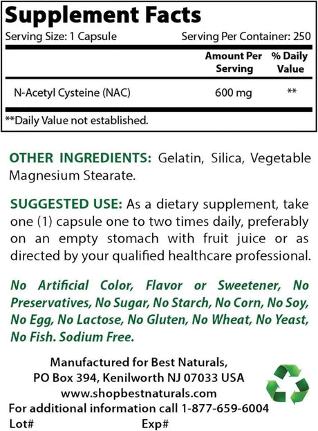 BEST NATURALS - Best Naturals NAC N-Acetyl-Cysteine 600Mg. 250 Capsulas - The Red Vitamin MX - Suplementos Alimenticios - {{ shop.shopifyCountryName }}