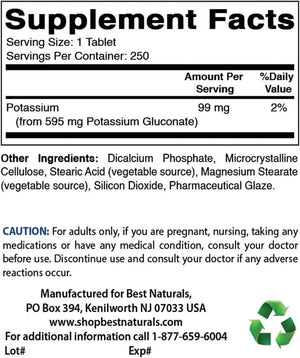 BEST NATURALS - Best Naturals Potassium Gluconate Supplement 595Mg. 250 Tabletas - The Red Vitamin MX - Suplementos Alimenticios - {{ shop.shopifyCountryName }}