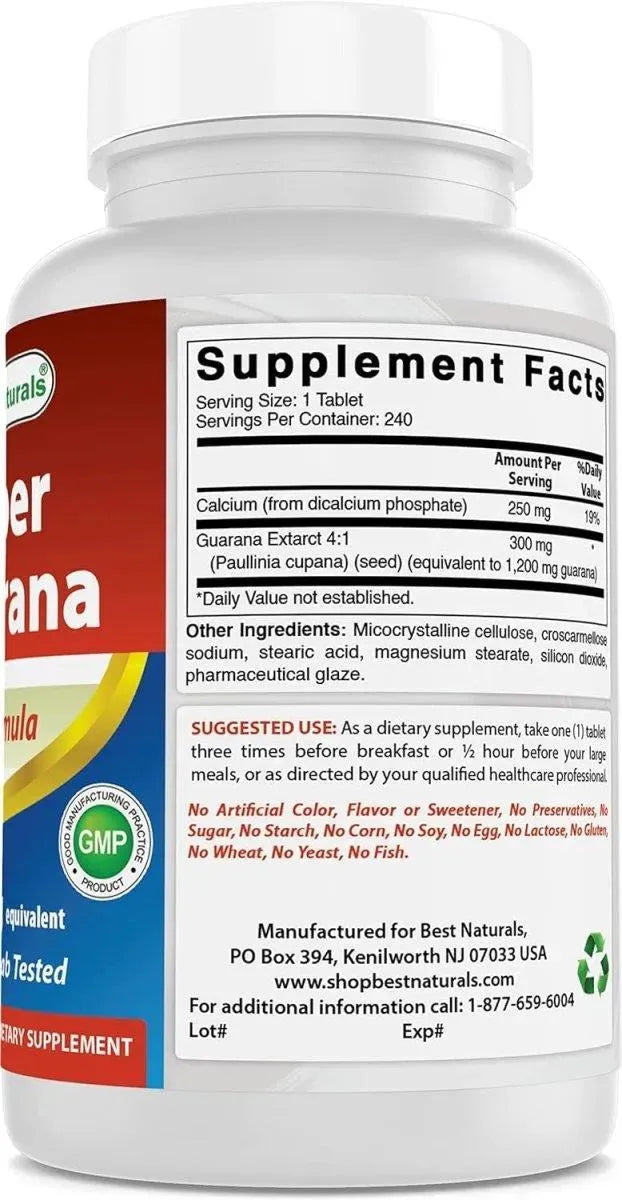BEST NATURALS - Best Naturals Super Guarana 1200Mg. 180 Tabletas - The Red Vitamin MX - Suplementos Alimenticios - {{ shop.shopifyCountryName }}