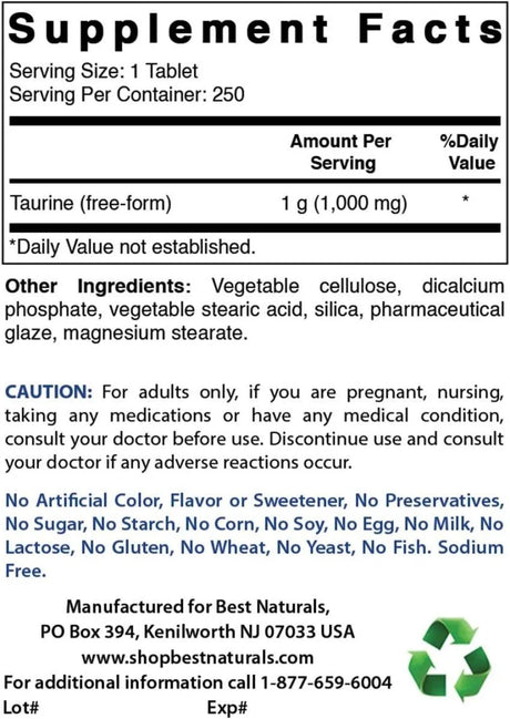 BEST NATURALS - Best Naturals Taurine 1000Mg. 250 Tabletas 2 Pack - The Red Vitamin MX - Suplementos Alimenticios - {{ shop.shopifyCountryName }}