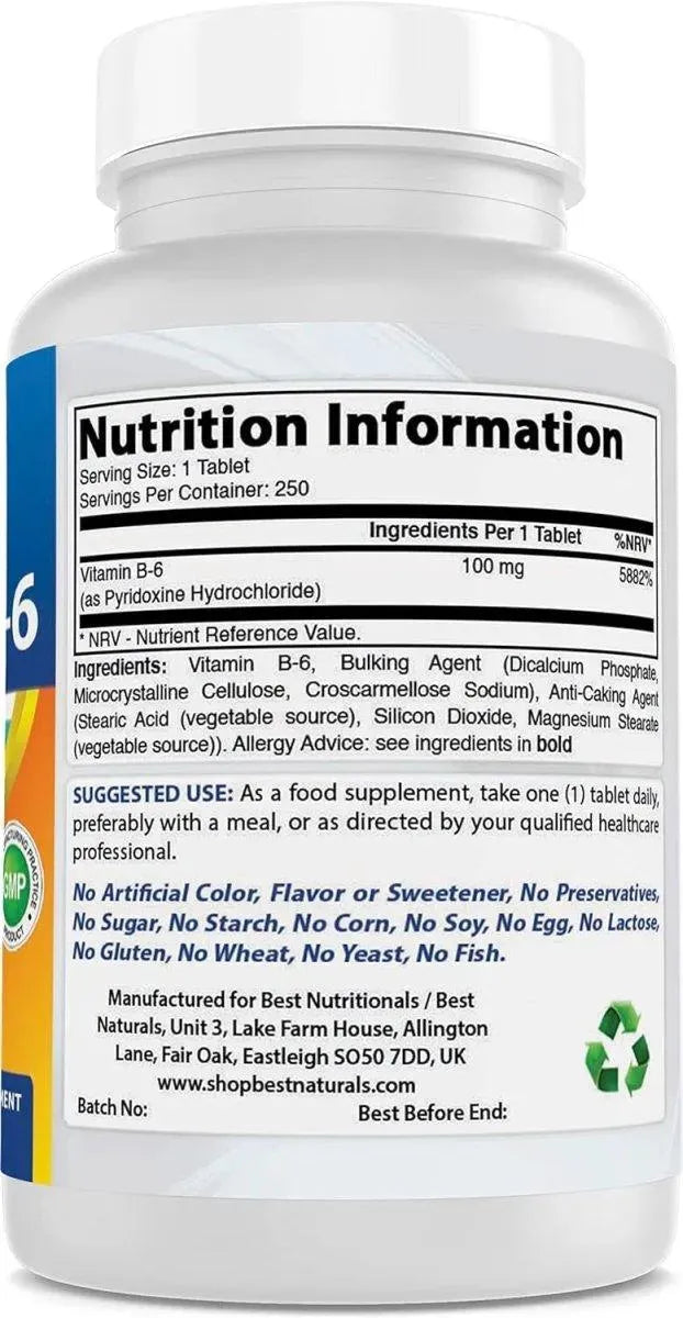 BEST NATURALS - Best Naturals Vitamin B6 100Mg. 250 Tabletas - The Red Vitamin MX - Suplementos Alimenticios - {{ shop.shopifyCountryName }}