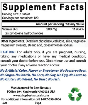 BEST NATURALS - Best Naturals Vitamin B6 200MG. 120 Tabletas 2 Pack - The Red Vitamin MX - Suplementos Alimenticios - {{ shop.shopifyCountryName }}