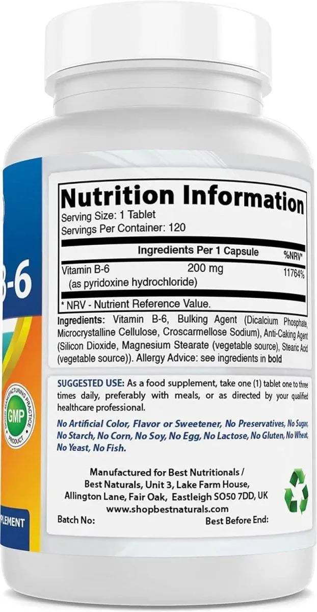 BEST NATURALS - Best Naturals Vitamin B6 200Mg. 120 Tabletas - The Red Vitamin MX - Suplementos Alimenticios - {{ shop.shopifyCountryName }}