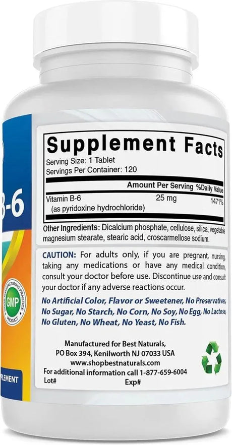 BEST NATURALS - Best Naturals Vitamin B6 25Mg. 120 Tabletas 3 Pack - The Red Vitamin MX - Suplementos Alimenticios - {{ shop.shopifyCountryName }}