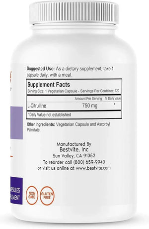 BESTVITE - Bestvite L-Citrulline 750Mg. 120 Capsulas - The Red Vitamin MX - Suplementos Alimenticios - {{ shop.shopifyCountryName }}