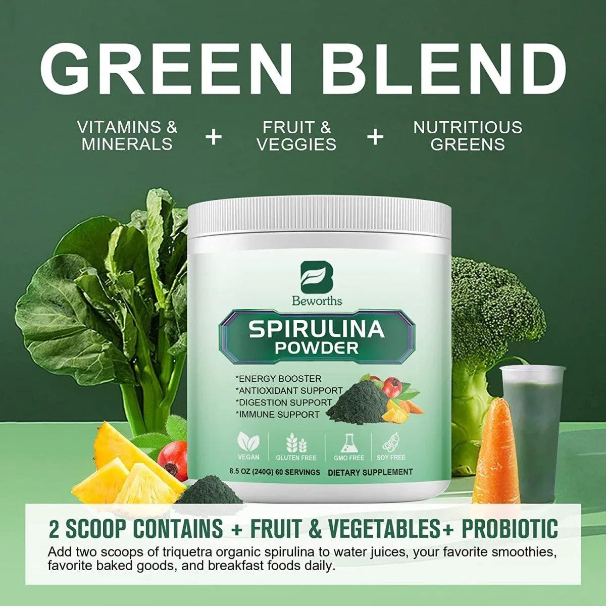 BEWORTHS - BEWORTHS Organic Spirulina Powder 240Gr. 60 Servicios - The Red Vitamin MX - Suplementos Alimenticios - {{ shop.shopifyCountryName }}