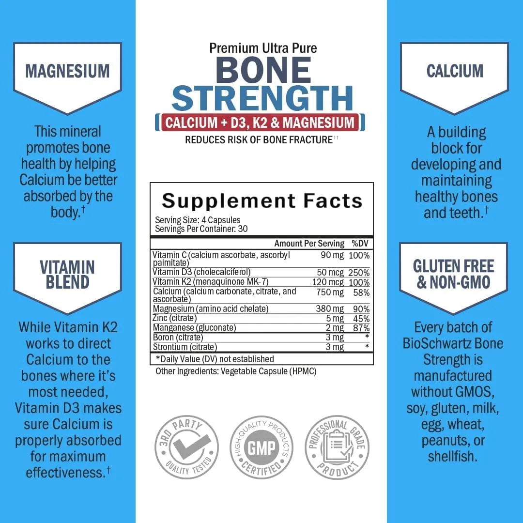 BIO SCHWARTZ - Bio Schwartz Bone Strength Calcium+D3+K2 & Magnesium 120 Capsulas - The Red Vitamin MX - Suplementos Alimenticios - {{ shop.shopifyCountryName }}