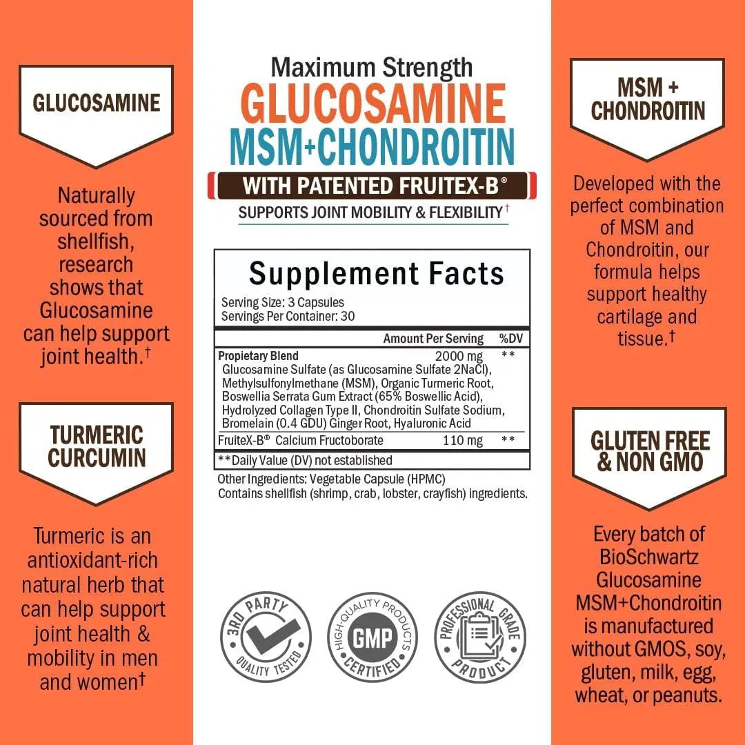 BIO SCHWARTZ - Bio Schwartz Maximum Strength Glucosamine MSM+Chondroitin 90 Capsulas - The Red Vitamin MX - Suplementos Alimenticios - {{ shop.shopifyCountryName }}