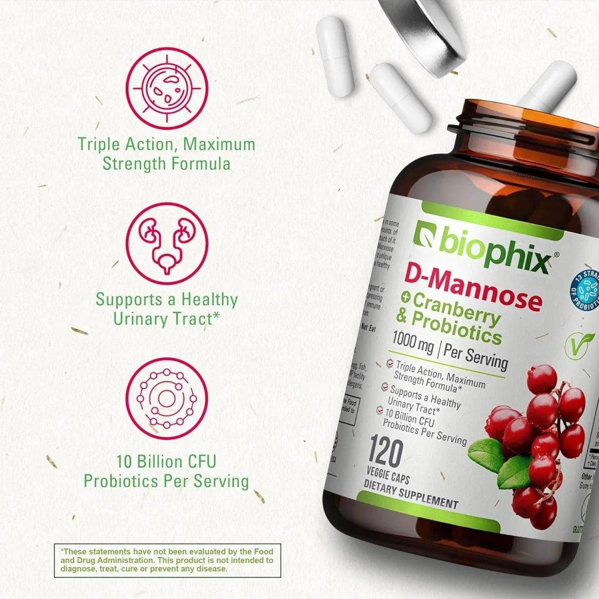 BIOPHIX - Biophix D-Mannose Plus Cranberry and Probiotics 120 Capsulas - The Red Vitamin MX - Suplementos Alimenticios - {{ shop.shopifyCountryName }}