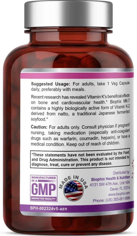 BIOPHIX - biophix Vitamin K2 MK-7 100mcg 60 Capsulas - The Red Vitamin MX - Suplementos Alimenticios - {{ shop.shopifyCountryName }}
