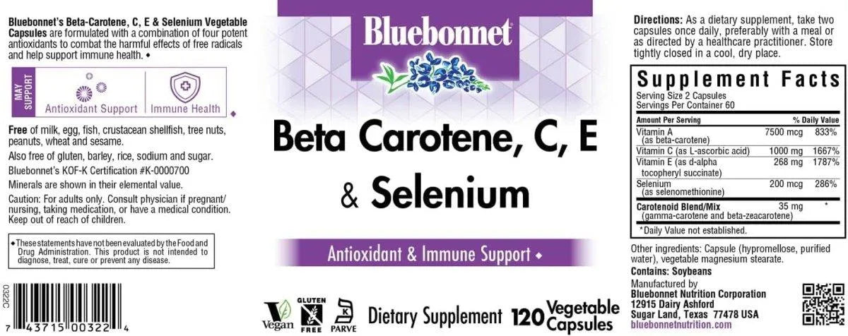 BLUEBONNET NUTRITION - BlueBonnet Beta Carotene C and E Plus Selenium 120 Capsulas - The Red Vitamin MX - Suplementos Alimenticios - {{ shop.shopifyCountryName }}