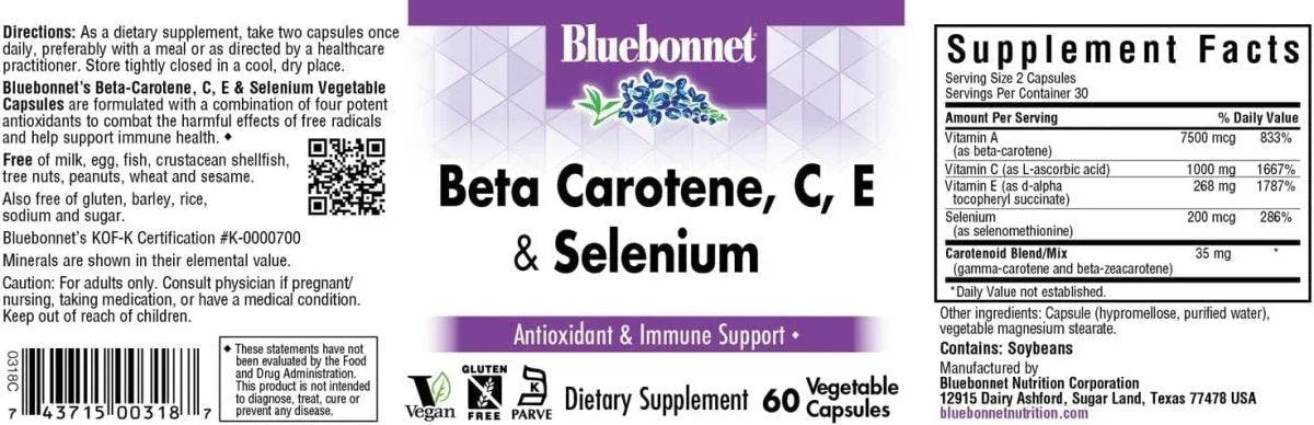 BLUEBONNET NUTRITION - BlueBonnet Beta Carotene C and E Plus Selenium 60 Capsulas - The Red Vitamin MX - Suplementos Alimenticios - {{ shop.shopifyCountryName }}