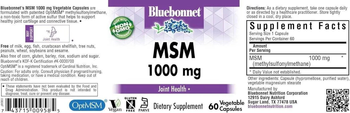 BLUEBONNET NUTRITION - BlueBonnet MSM 1000Mg. 60 Capsulas - The Red Vitamin MX - Suplementos Alimenticios - {{ shop.shopifyCountryName }}