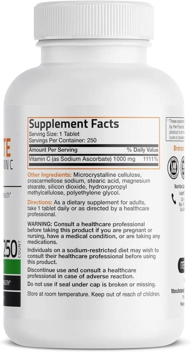 BRONSON - Bronson Sodium Ascorbate Non Acidic Vitamin C 1000Mg. 100 Tabletas - The Red Vitamin MX - Suplementos Alimenticios - {{ shop.shopifyCountryName }}