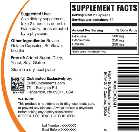 BULK SUPPLEMENTS - Bulk Supplements BCAA 2:1:1 1000Mg. 120 Capsulas - The Red Vitamin MX - Suplementos Alimenticios - {{ shop.shopifyCountryName }}