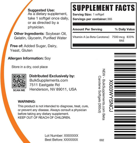 BULK SUPPLEMENTS - Bulk Supplements Beta Carotene 25000 IU 365 Capsulas Blandas - The Red Vitamin MX - Suplementos Alimenticios - {{ shop.shopifyCountryName }}