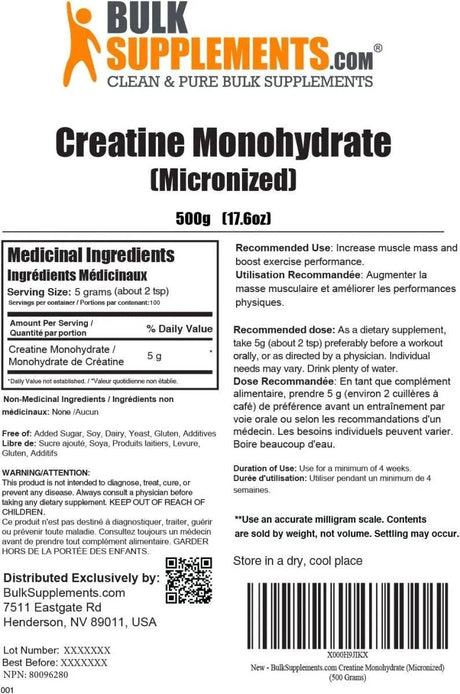 BULK SUPPLEMENTS - Bulk Supplements Creatine Monohydrate Powder 500G. - The Red Vitamin MX - Suplementos Alimenticios - {{ shop.shopifyCountryName }}