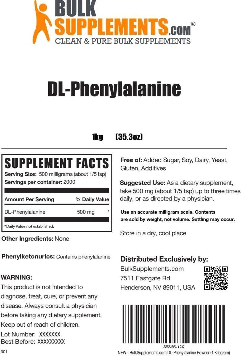 BULK SUPPLEMENTS - Bulk Supplements DL-Phenylalanine Powder 1 Kg. - The Red Vitamin MX - Suplementos Alimenticios - {{ shop.shopifyCountryName }}