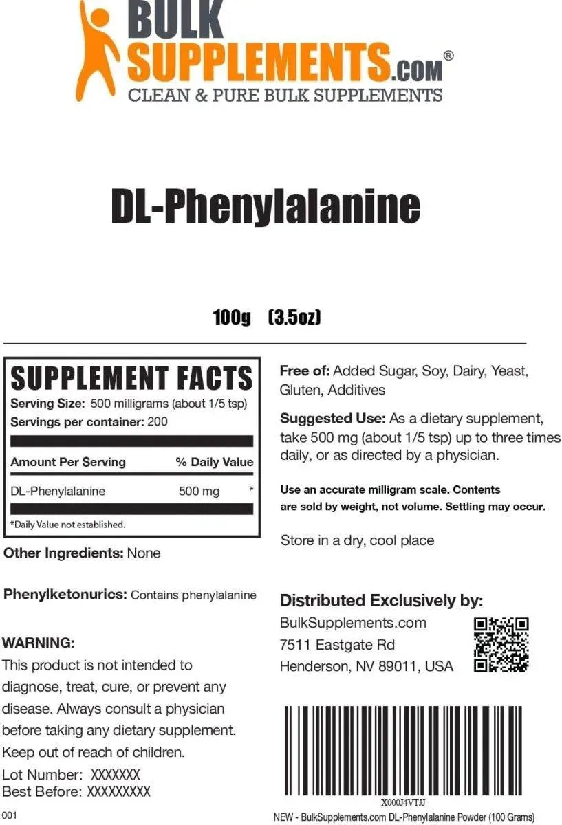 BULK SUPPLEMENTS - Bulk Supplements DL-Phenylalanine Powder 100Gr. - The Red Vitamin MX - Suplementos Alimenticios - {{ shop.shopifyCountryName }}