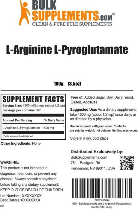 BULK SUPPLEMENTS - Bulk Supplements L-Arginine L-Pyroglutamate Powder 100Gr. - The Red Vitamin MX - Suplementos Alimenticios - {{ shop.shopifyCountryName }}