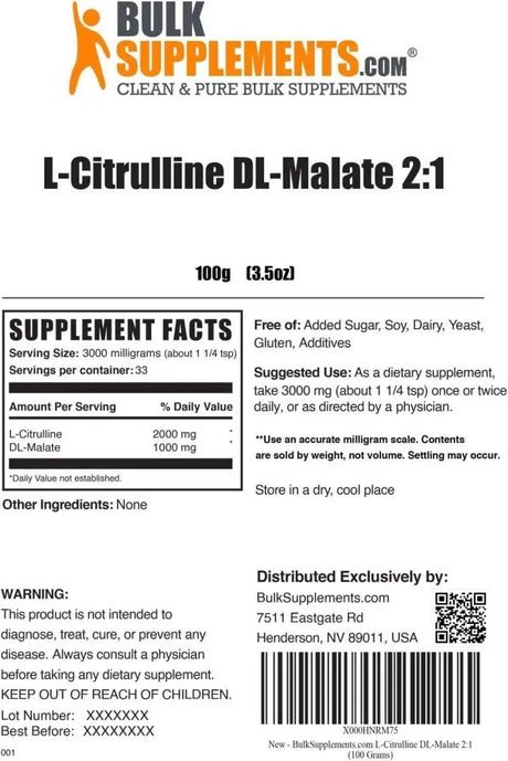 BULK SUPPLEMENTS - Bulk Supplements L-Citrulline Malate 2:1 Powder 100Gr. - The Red Vitamin MX - Suplementos Alimenticios - {{ shop.shopifyCountryName }}
