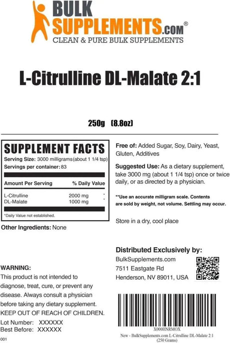 BULK SUPPLEMENTS - Bulk Supplements L-Citrulline Malate 2:1 Powder 250Gr. - The Red Vitamin MX - Suplementos Alimenticios - {{ shop.shopifyCountryName }}