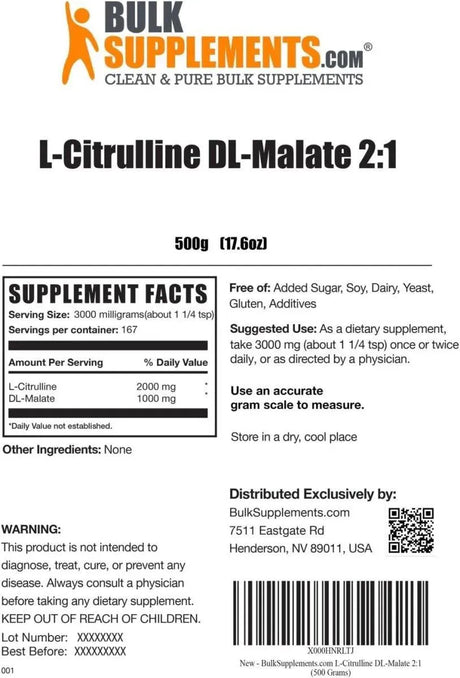 BULK SUPPLEMENTS - Bulk Supplements L-Citrulline Malate 2:1 Powder 500Gr. - The Red Vitamin MX - Suplementos Alimenticios - {{ shop.shopifyCountryName }}