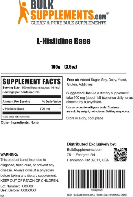 BULK SUPPLEMENTS - Bulk Supplements L-Histidine Powder 100Gr. - The Red Vitamin MX - Suplementos Alimenticios - {{ shop.shopifyCountryName }}