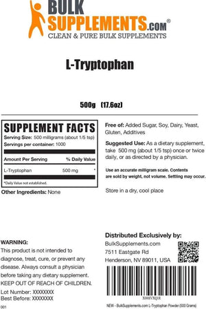 BULK SUPPLEMENTS - Bulk Supplements L-Tryptophan Powder 1000 Servicios 500Gr. - The Red Vitamin MX - Suplementos Alimenticios - {{ shop.shopifyCountryName }}