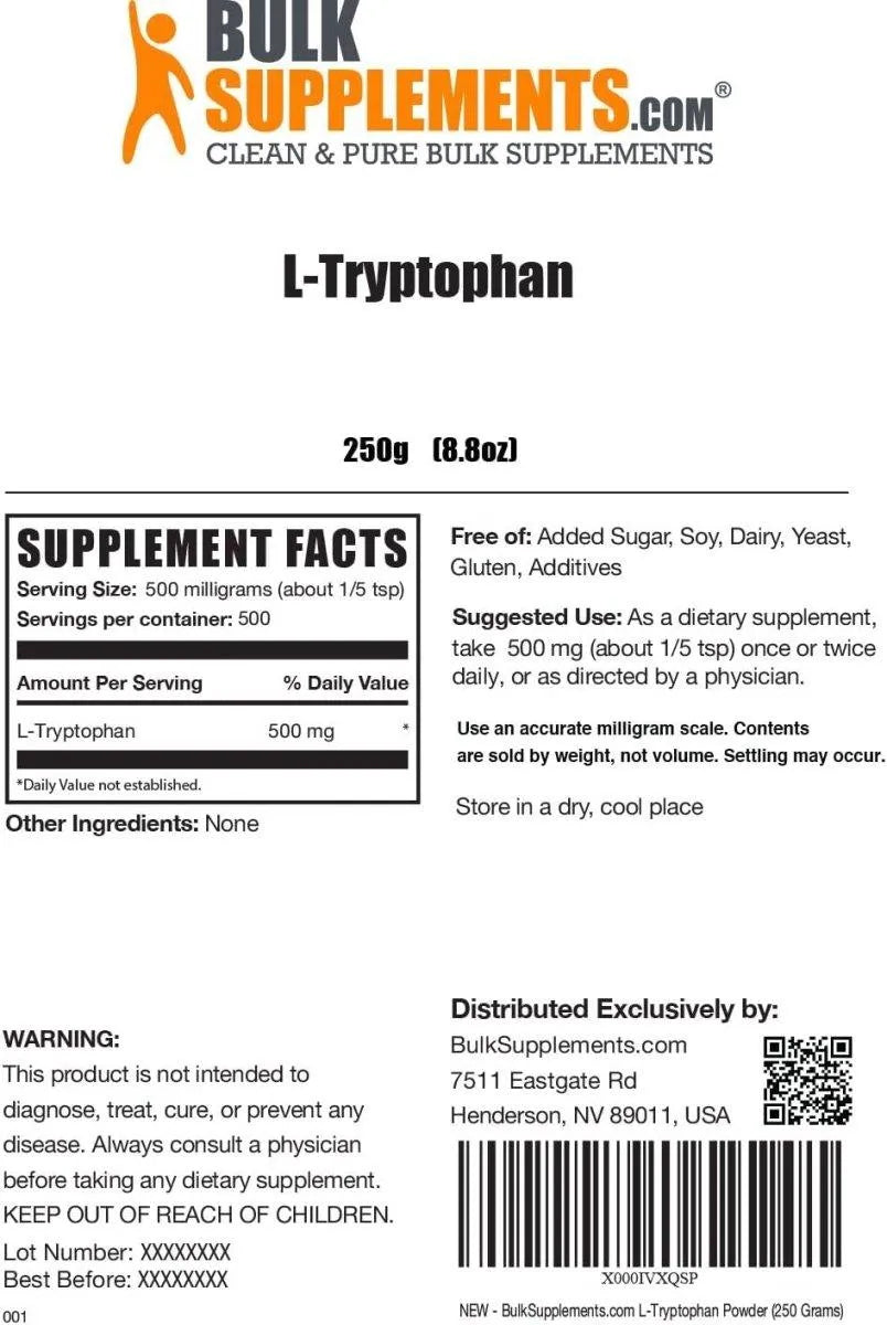 BULK SUPPLEMENTS - Bulk Supplements L-Tryptophan Powder 500 Servicios 250Gr. - The Red Vitamin MX - Suplementos Alimenticios - {{ shop.shopifyCountryName }}