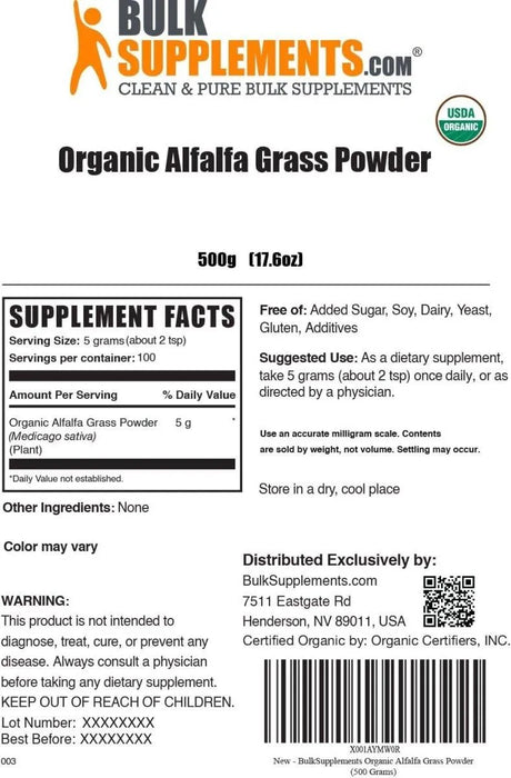 BULK SUPPLEMENTS - Bulk Supplements Organic Alfalfa Grass Powder 500Gr. - The Red Vitamin MX - Suplementos Alimenticios - {{ shop.shopifyCountryName }}