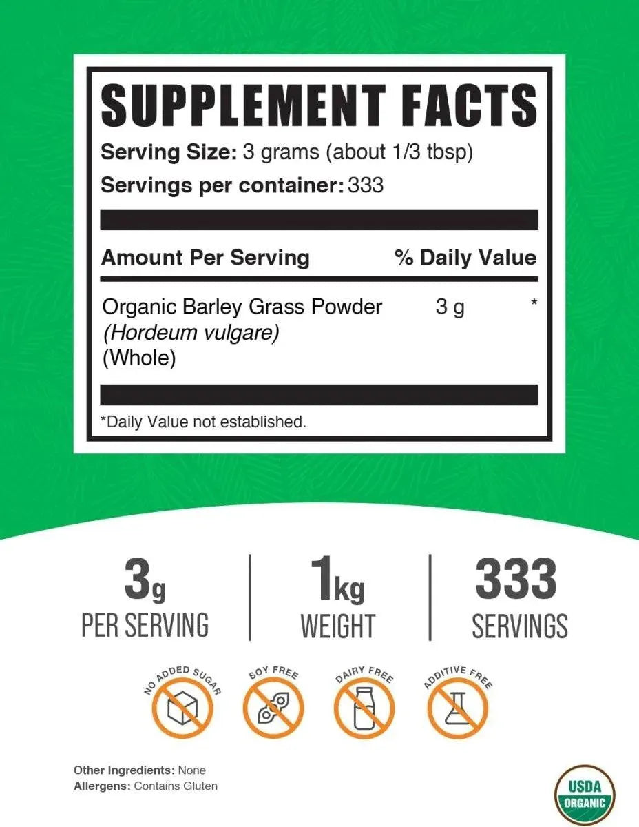 BULK SUPPLEMENTS - Bulk Supplements Organic Barley Grass Powder 1 Kg. - The Red Vitamin MX - Suplementos Alimenticios - {{ shop.shopifyCountryName }}