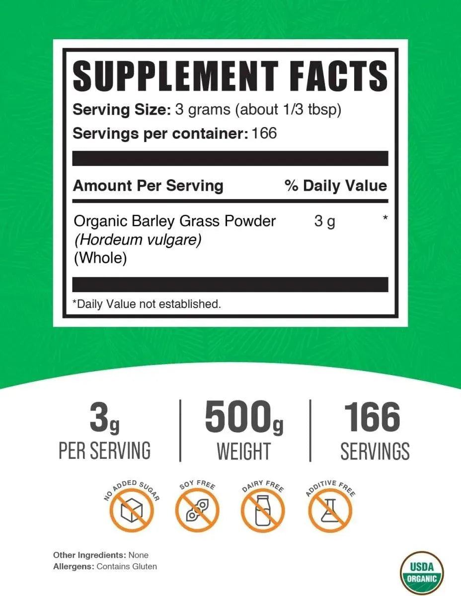 BULK SUPPLEMENTS - Bulk Supplements Organic Barley Grass Powder 500Gr. - The Red Vitamin MX - Suplementos Alimenticios - {{ shop.shopifyCountryName }}