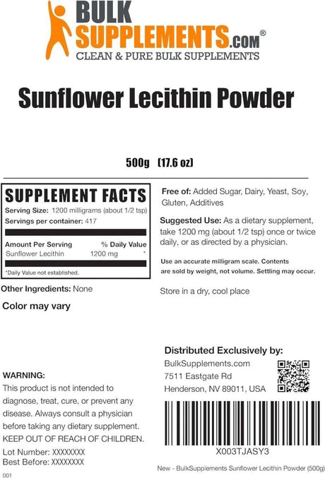 BULK SUPPLEMENTS - Bulk Supplements Sunflower Lecithin Powder 500Gr. - The Red Vitamin MX - Suplementos Alimenticios - {{ shop.shopifyCountryName }}