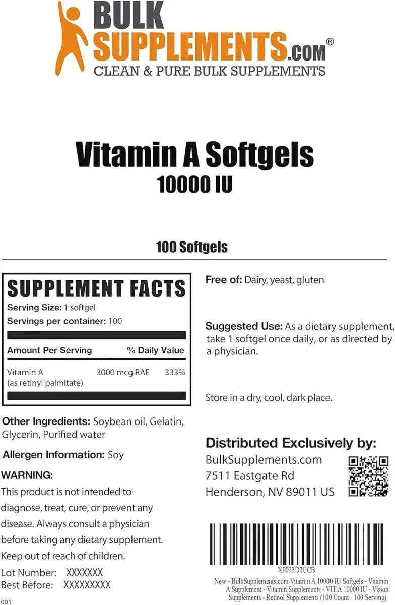 BULK SUPPLEMENTS - Bulk Supplements Vitamin A 10000 IU 100 Capsulas Blandas - The Red Vitamin MX - Suplementos Alimenticios - {{ shop.shopifyCountryName }}