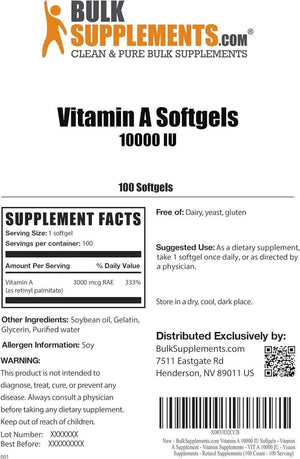 BULK SUPPLEMENTS - Bulk Supplements Vitamin A 10000 IU 100 Capsulas Blandas - The Red Vitamin MX - Suplementos Alimenticios - {{ shop.shopifyCountryName }}