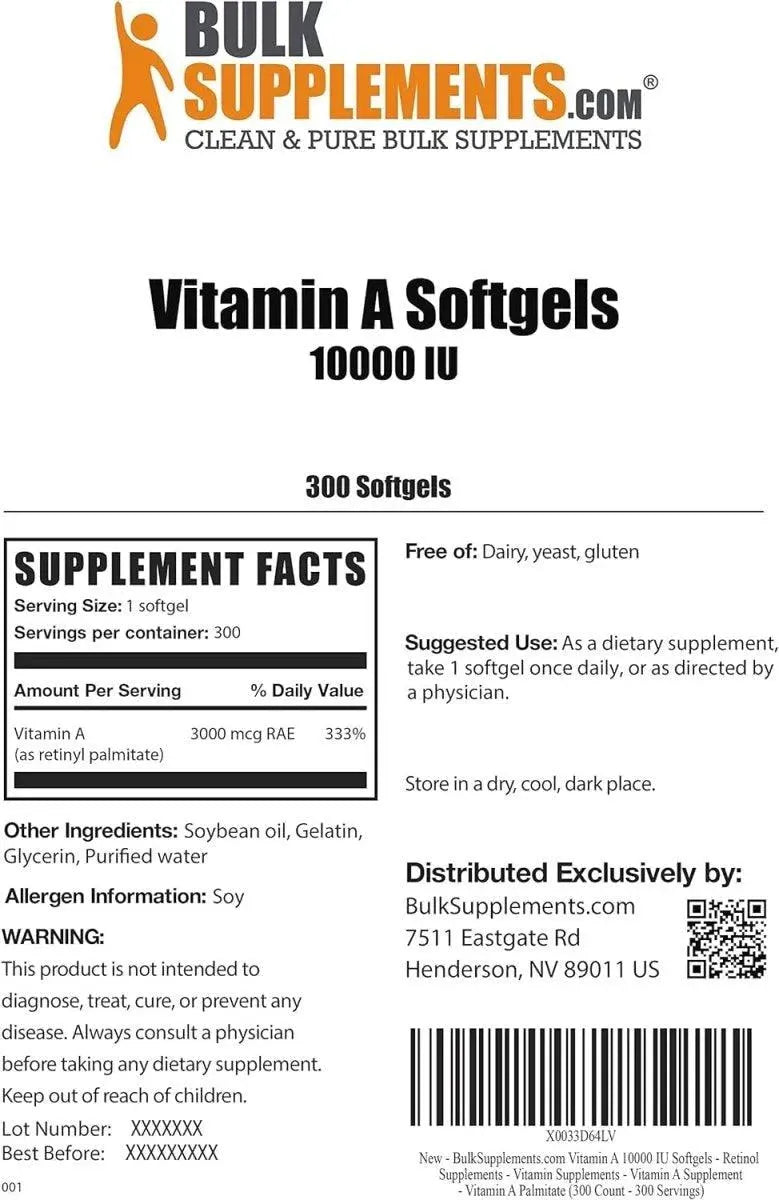 BULK SUPPLEMENTS - Bulk Supplements Vitamin A 10000 IU 300 Capsulas Blandas - The Red Vitamin MX - Suplementos Alimenticios - {{ shop.shopifyCountryName }}