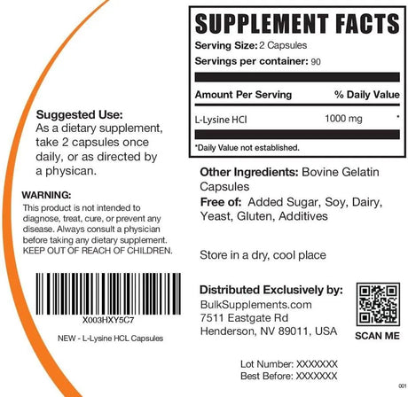 BULK SUPPLEMENTS - BULKSUPPLEMENTS L-Lysine 1000Mg. 180 Capsulas - The Red Vitamin MX - Suplementos Alimenticios - {{ shop.shopifyCountryName }}