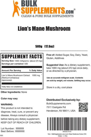 BULK SUPPLEMENTS - BULKSUPPLEMENTS Lion's Mane Mushroom Extract 1000Mg. 500 Servicios 500Gr. - The Red Vitamin MX - Suplementos Alimenticios - {{ shop.shopifyCountryName }}