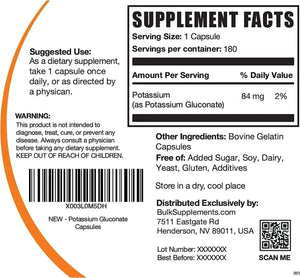 BULK SUPPLEMENTS - BulkSupplements Potassium Gluconate 500Mg. 180 Capsulas - The Red Vitamin MX - Suplementos Alimenticios - {{ shop.shopifyCountryName }}