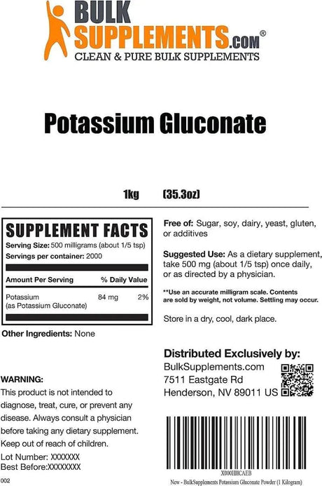 BULK SUPPLEMENTS - BulkSupplements Potassium Gluconate Powder 500Mg. 1Kg. - The Red Vitamin MX - Suplementos Alimenticios - {{ shop.shopifyCountryName }}