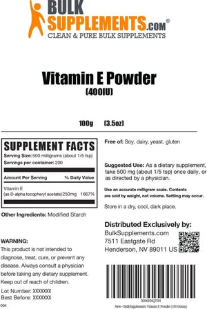 BULK SUPPLEMENTS - BulkSupplements Vitamin E Powder 500Mg. 100Gr. - The Red Vitamin MX - Suplementos Alimenticios - {{ shop.shopifyCountryName }}