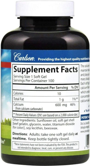 CARLSON - Carlson Cal-600 600Mg. Calcium 100 Capsulas Blandas - The Red Vitamin MX - Suplementos Alimenticios - {{ shop.shopifyCountryName }}