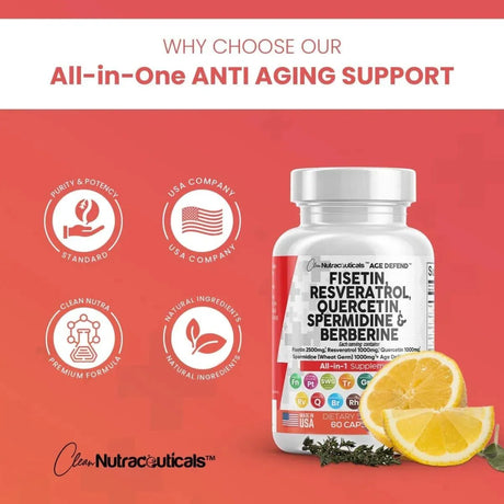 CLEAN NUTRACEUTICALS - Clean Nutraceuticals Fisetin, Quercetin, Resveratrol, with Spermidine and Berberine 60 Capsulas - The Red Vitamin MX - Suplementos Alimenticios - {{ shop.shopifyCountryName }}