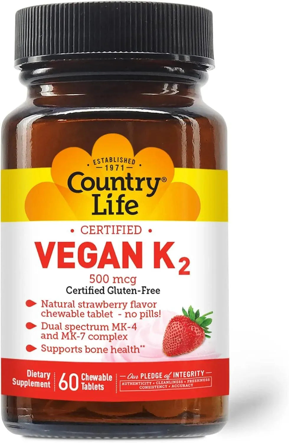 COUNTRY LIFE - Country Life Certified Chewable Vegan K2 60 Tabletas Masticables - The Red Vitamin MX - Suplementos Alimenticios - {{ shop.shopifyCountryName }}