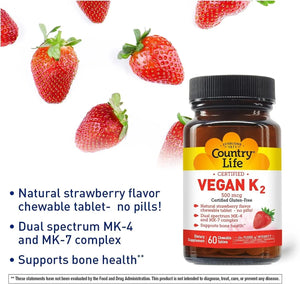 COUNTRY LIFE - Country Life Certified Chewable Vegan K2 60 Tabletas Masticables - The Red Vitamin MX - Suplementos Alimenticios - {{ shop.shopifyCountryName }}